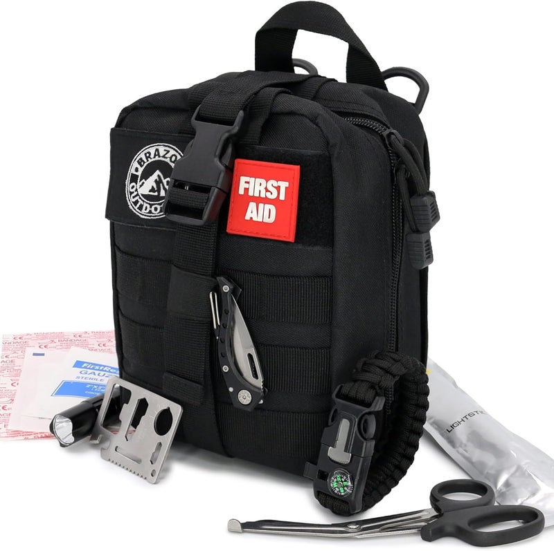 Brazos The First Aid Survival Kit, 250 Pieces, Hiking & Camping Essentials, Survival Gear and First Aid Combo for Emergency Preparedness, Lightweight, Portable, Tactical Clips & Closures, Black - Image 1